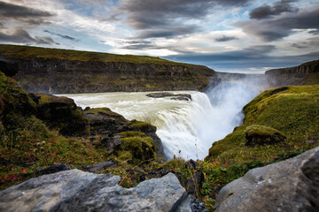 Icelandic waterfall Gullfoss, the most powerful waterfall in Europe,.