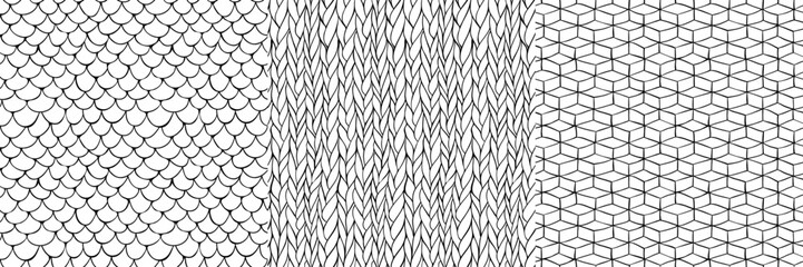 Hand drawn seamless patterns with texture of fish scale, abstract geometric lines and print of wool knit. Black and white sketch patterns set, vector illustration © PollyVa