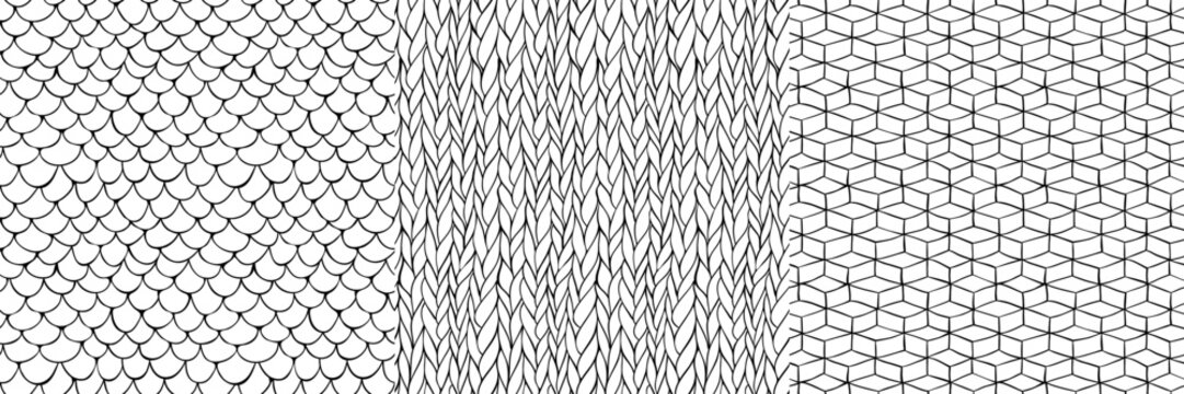 Hand drawn seamless patterns with texture of fish scale, abstract geometric lines and print of wool knit. Black and white sketch patterns set, vector illustration