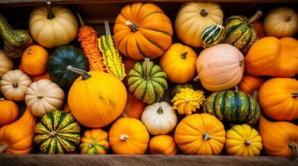 Colorful pumpkins and gourds on the autumn market. Autumn background top view. generative ai