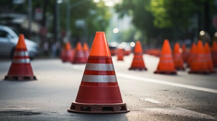 Construction cones marking part of road with a layer of fresh asphalt. generative ai - obrazy, fototapety, plakaty