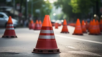 Foto auf Alu-Dibond Construction cones marking part of road with a layer of fresh asphalt. generative ai © Ahtesham