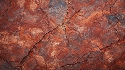 Dark red-orange-brown rock texture with cracks. Close-up. Rough mountain surface. Stone granite background for design. generative ai