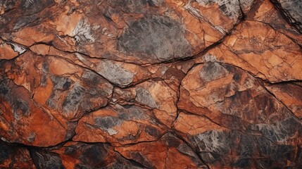 Dark red-orange-brown rock texture with cracks. Close-up. Rough mountain surface. Stone granite background for design. generative ai