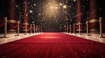 Red carpet rolling out in front of glamorous movie premiere background. generative ai - obrazy, fototapety, plakaty