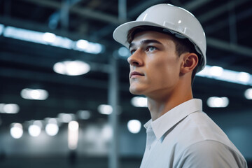 Portrait of a Young Handsome Confident Engineer Wearing White Hard Hat in Office at Car Assembly Plant, Industrial Specialist Working on Vehicle Production in Modern Factory, Side Profile Face View