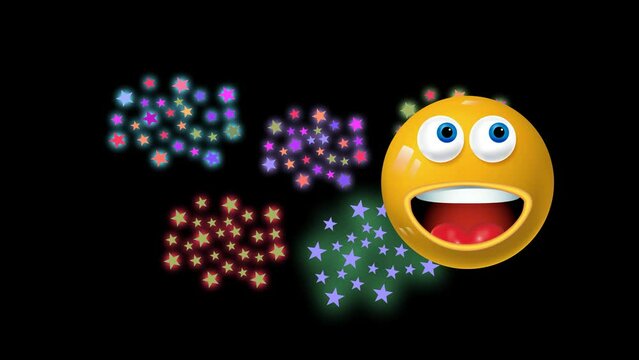 Animation, fireworks, glowing multicolored lights. Cute, yellow funny badge, smiling face. emoji