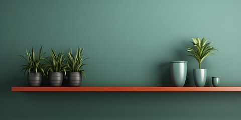 A green wall with plants on it and a potted plant on the shelf plant in the interior on it and a plant on the shelf.AI Generative