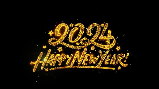 Happy New Year 2024 Greeting Luxury Text Golden Sparks shiny Fireworks Celebrations sparkles particles Animation.