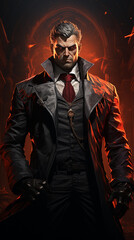 Fantasy, powerful male character with a serious expression on a red background.
