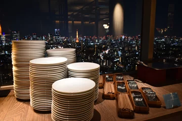 Muurstickers 高層レストランから夜景を望む食器 © kyoju1128