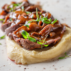 Tagliata veal with mashed potatoes and mushrooms - obrazy, fototapety, plakaty