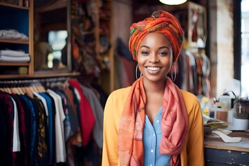 smiling African woman clothing shop owner