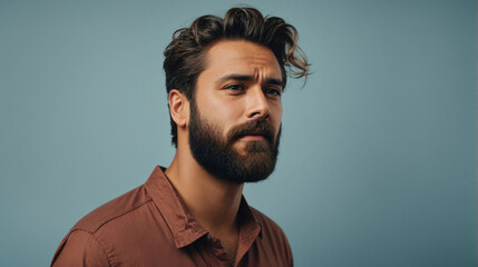 Man with beard, grimacing and cringe from something embarrassing, looking with awkward face, standing over light blue background. - obrazy, fototapety, plakaty