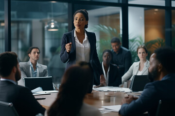 a black woman business leader dressed as an executive leading an important meeting as everyone looks on - Powered by Adobe