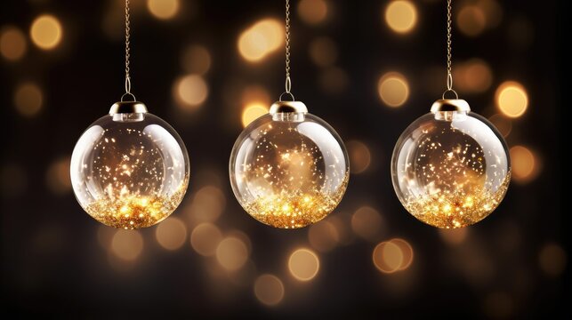 Christmas ornaments glass transparent balls. Christmas glassballs inside bright light garlands, hanging on gold ribbon