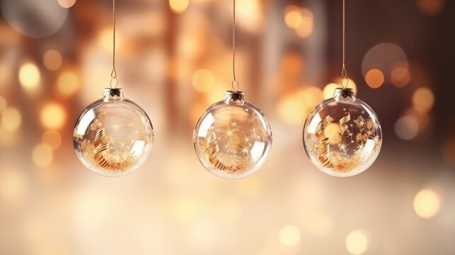 Christmas ornaments glass transparent balls. Christmas glassballs inside bright light garlands, hanging on gold ribbon