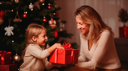 Fototapeta na wymiar little girl and her mother exchange gifts for Christmas.