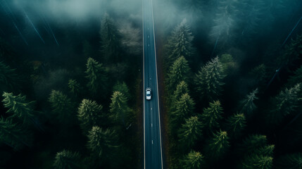 Aerial view of car driving on road in foggy forest.