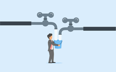 Incomes from various assets.Flow of money from various types of businesses. Businessman collecting water from several pipes with bucket. Business people who don't just depend on one source of income