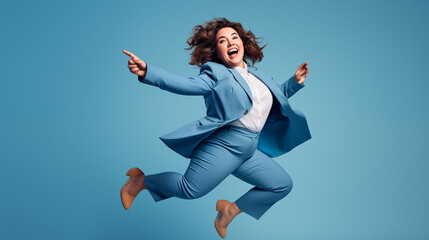 Full length portrait of a happy businesswoman jumping on blue background
