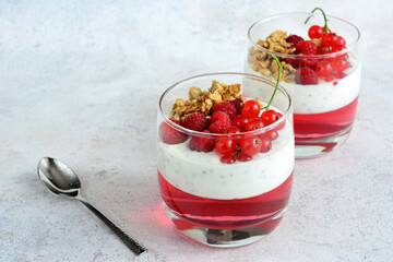 dessert with red currant, jelly, chia pudding and walnut in drinking glass