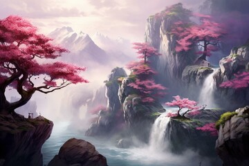 Illustration of a cherry tree with blossoms growing on a rocky cliff, surrounded by fog, waterfalls, and towering mountains. Generative AI - obrazy, fototapety, plakaty