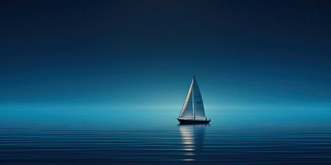 Anime style sailboat on lake ocean sailing minimal panoramic landscape, generated ai - obrazy, fototapety, plakaty