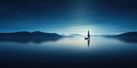 Anime style sailboat landscape lake ocean sailing panoramic wide moonlight moon boat, generated ai