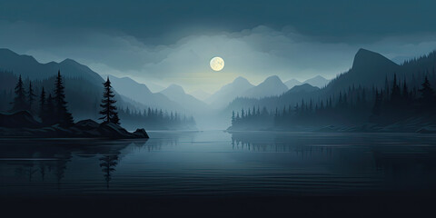 Moonlight over lake anime style calm tranquil waters misty night scene panoramic, generated ai