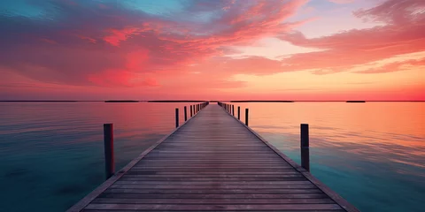 Zelfklevend Fotobehang Wooden pier into beautiful sunset pier minimal anime style panorama landscape vibrant calm scene, generated ai © dan