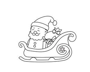 モノクロで描かれた温かみのあるサンタとソリ（白黒）