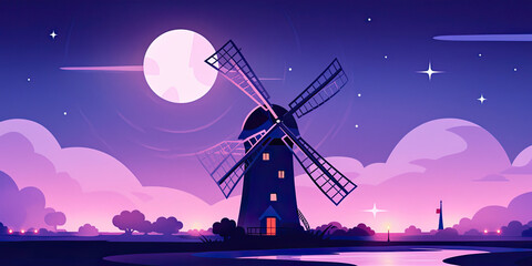 Anime style windmill at night time cartoon windmills landscape wind energy, generated ai