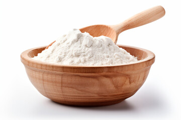 a wooden bowl filled with white powder and a wooden spoon