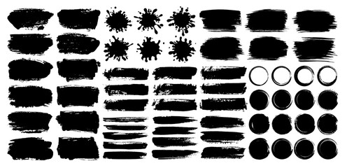 Set of black ink paint brush stroke or grunge overlay texture for social media background design. Grungy watercolor drawing, brushstroke, frame and ornament. Torn or rip paper silhouette for business. - obrazy, fototapety, plakaty