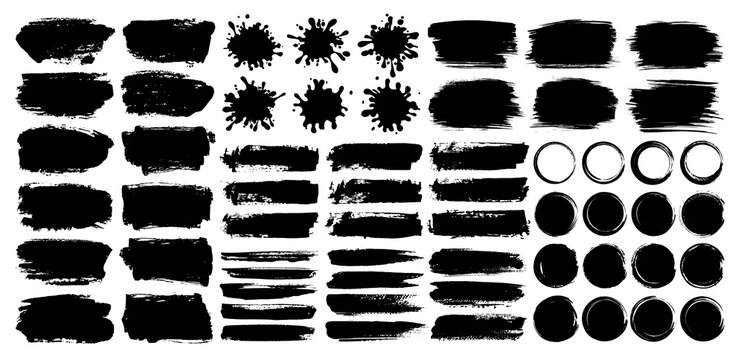 Set Of Black Ink Paint Brush Stroke Or Grunge Overlay Texture For Social Media Background Design. Grungy Watercolor Drawing, Brushstroke, Frame And Ornament. Torn Or Rip Paper Silhouette For Business.