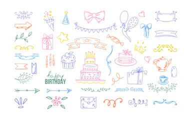 Birthday doodle set. Hand drawn vector Happy Birthday sketches on white background. Envelope, cake, balloon, ice cream, flags, hearts, labels, ribbons, bow, gift, star.