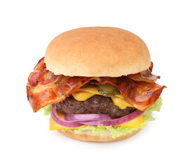 Tasty burger with bacon, vegetables and patty isolated on white