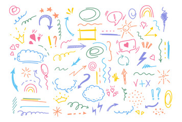 Simple sketch line style elements. Doodle cute ink  pen line elements isolated on white background. Doodle  arrow,  heart, star, sparkle decoration  symbol  icon set.  Vector illustration.