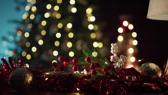 Christmas Tree Out Of Focus Over The Wreath Decoration, Copy Space