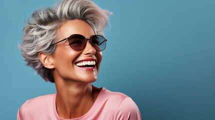 Beautiful mid age woman with grey hair. Laughing and smiling. Blue background. Nature lady close up portrait. Healthy face skin care beauty, skincare cosmetics. High quality