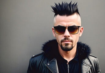 Young punk man wearing black glasses. Portrait of bold male with bright image, daring style. Generative AI.