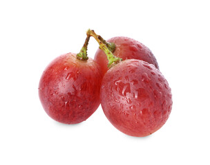 Delicious ripe red grapes with water drops isolated on white