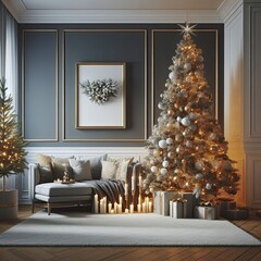Photorealistic view of wall background with adorned charismas tree