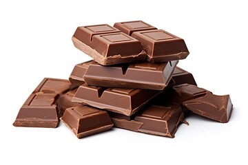 Fototapeta premium Tempting delights. Close up of delicious dark chocolate stack on white background isolated. Gourmet indulgence. Heap of tasty dark cocoa slices