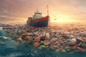Wasteful ocean with microplastic pollution. Generative AI - obrazy, fototapety, plakaty