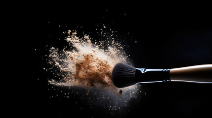 A soft makeup brush breaks the powder into a dusty cloud. Black background. Generative AI - obrazy, fototapety, plakaty