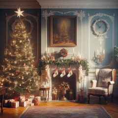 Photorealistic view of wall background with adorned charismas tree in 1970s home charismas, frame for photograph