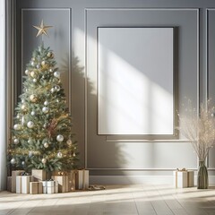 Photorealistic view of wall background with adorned charismas tree in modern home charismas, frame for photograph 