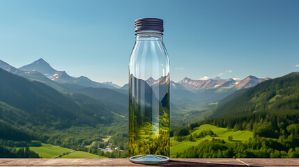 a bottle of clean water on the background of mountains - obrazy, fototapety, plakaty